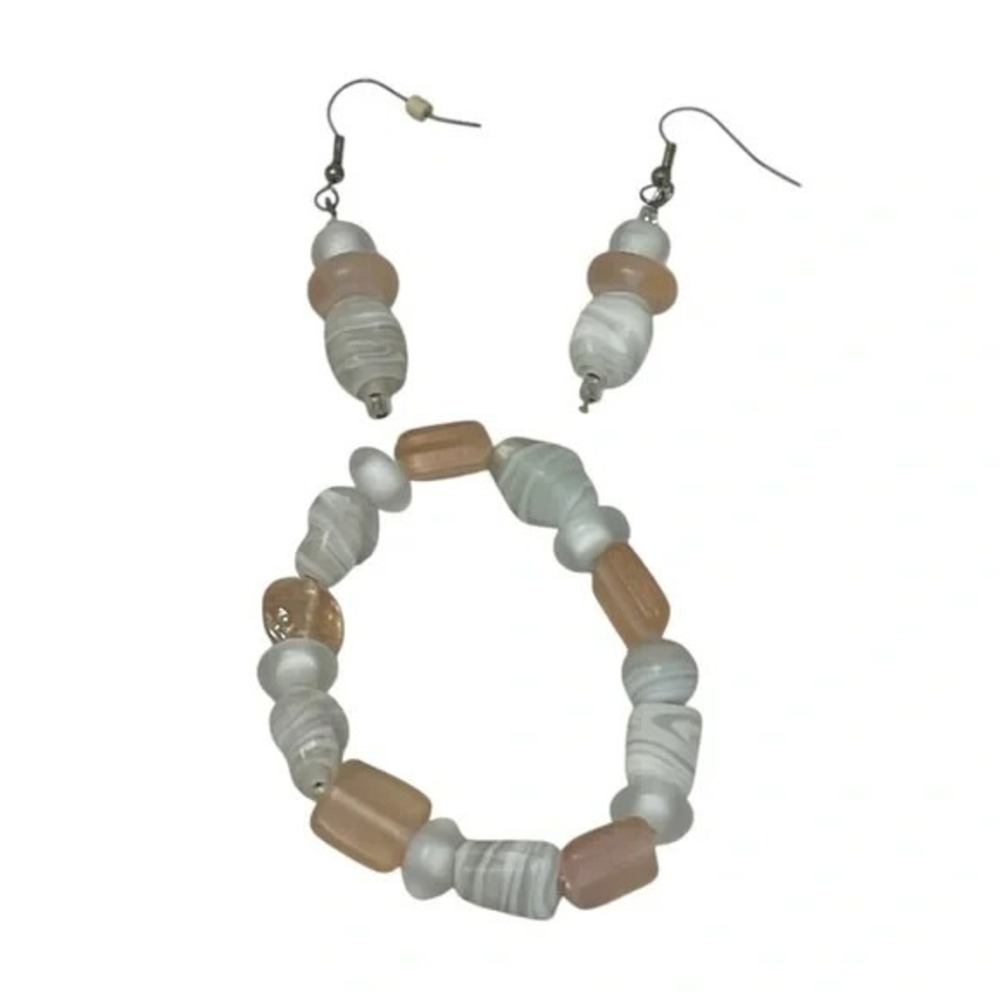 White and Peach Beaded Earrings and Stretch Bracelet Set